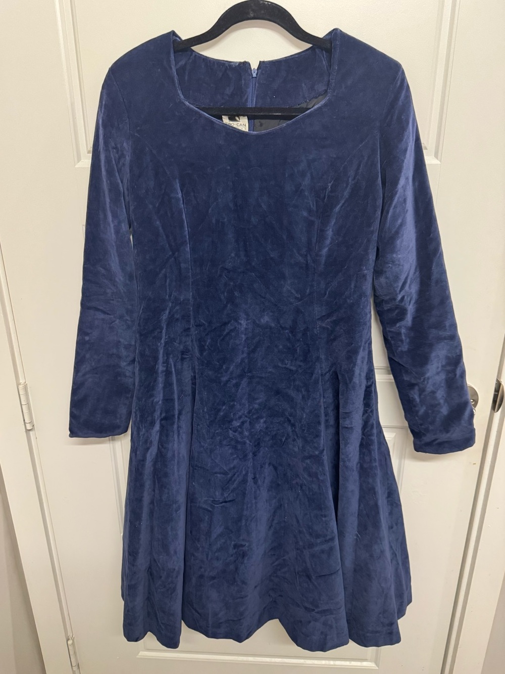 Vintage Two Can Designs Royal Blue Velvet Skater Dress Long Sleeve Square Neck